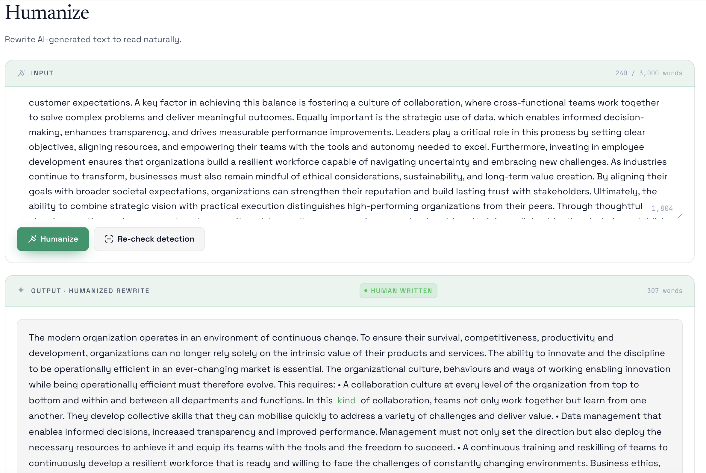 Screenshot of the humanizer output in HumanizeAIWrite